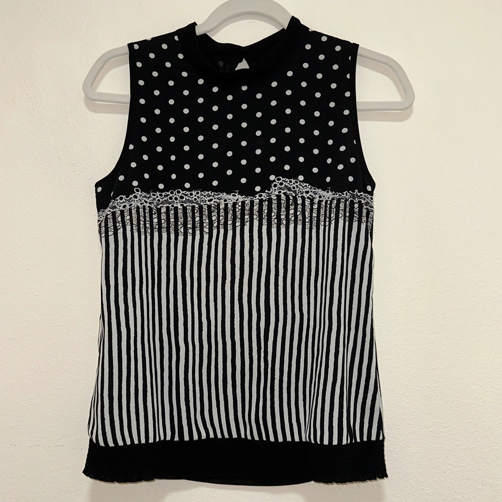 Womens Polka Dot Stripe Sleeveless Top  Medium Black White Blouse